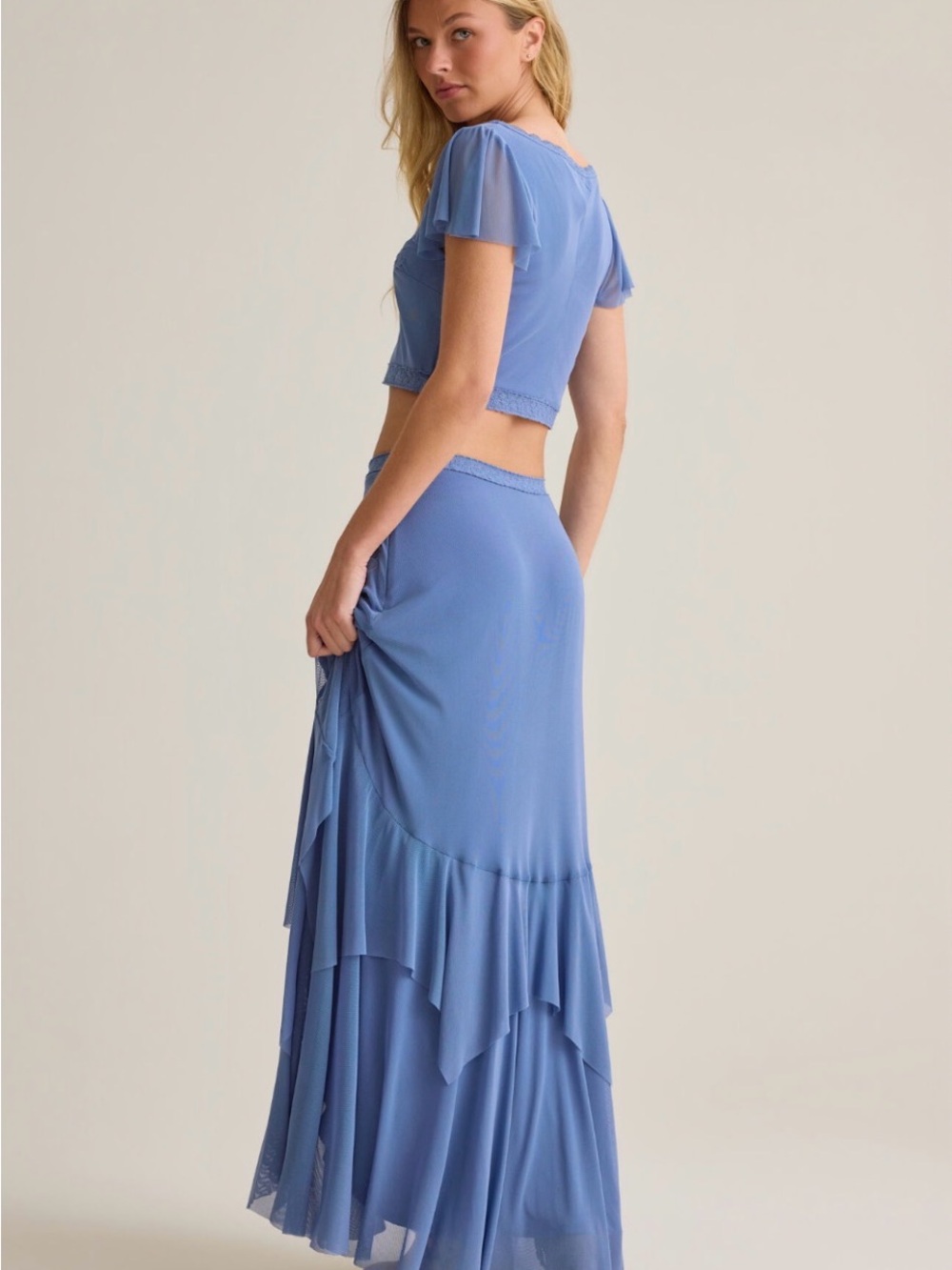Altar'd State Dusty Blue Asymmetrical Embroidered Maxi Skirt and Top Set - Picture 3 of 6